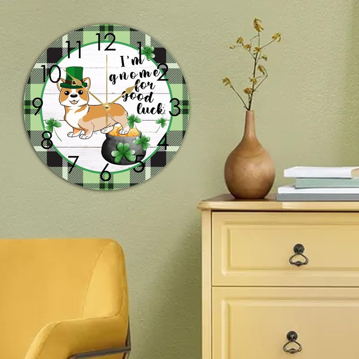 Wooden Round Clock Nursery Clock St. Patrick's Day I'm Gnome for Good Luck Corgi Dog Shamrock Clock Irish Home Funny Wall Clock Non Ticking Silent Decorative for Kitchen Home Bedroom 15"x15" - Image 5