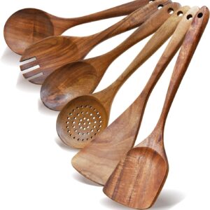 Wooden Spoon Set-6 Piece Wooden Cutlery-Daily Wooden Cutlery Cooking Spoon-Natural Teak Kitchen Set-Teak Cooking Utensils with Smooth Non-Stick Surface-For use in the kitchen when cooking