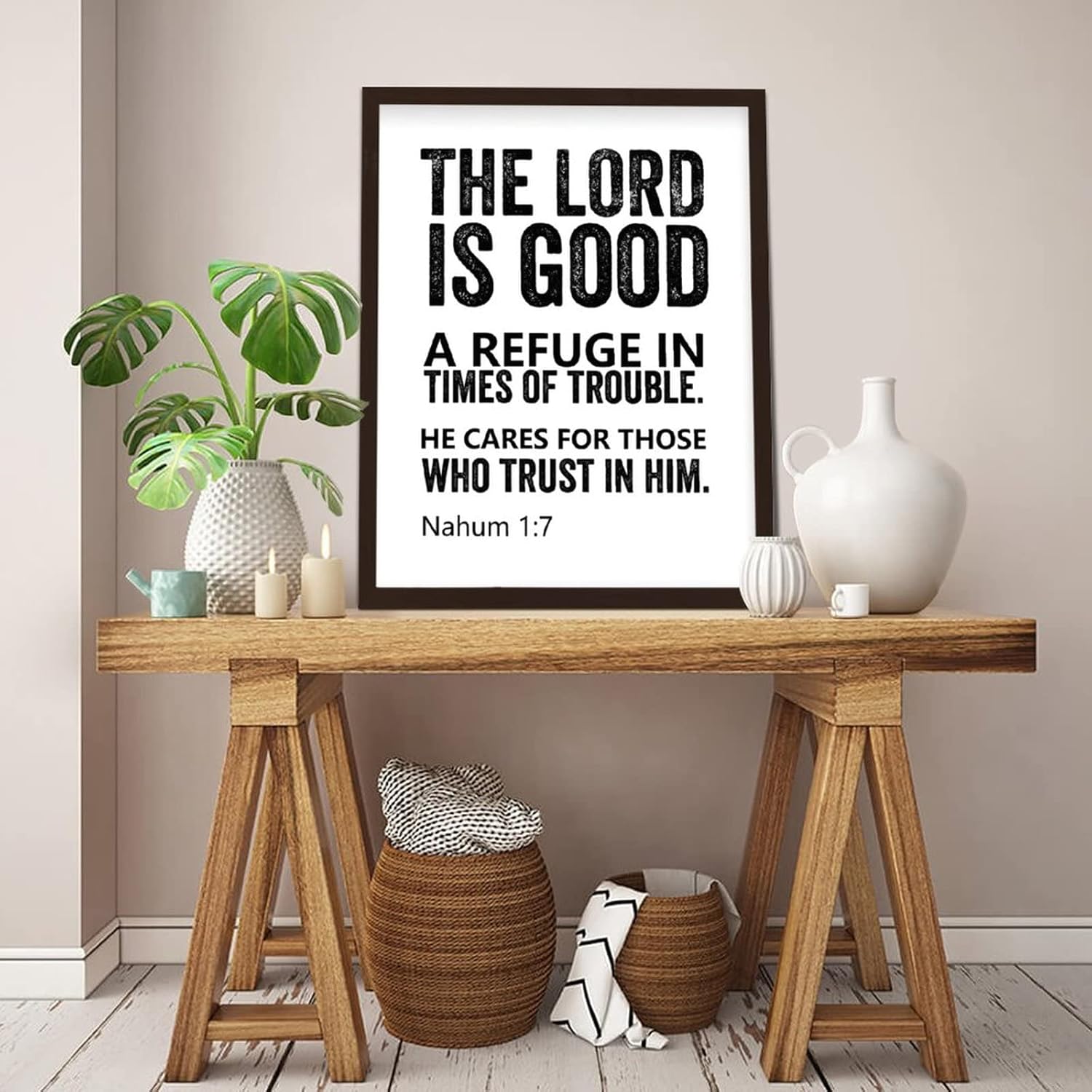 Wooden Wall Plaque with Bible Verse the Lord is Good a Refuge in Times of Trouble He Cares for Those Who Trust in Him Rustic Chic Style Frame Wooden Plaque for New Home Wall Decor 16x20inch - Image 3